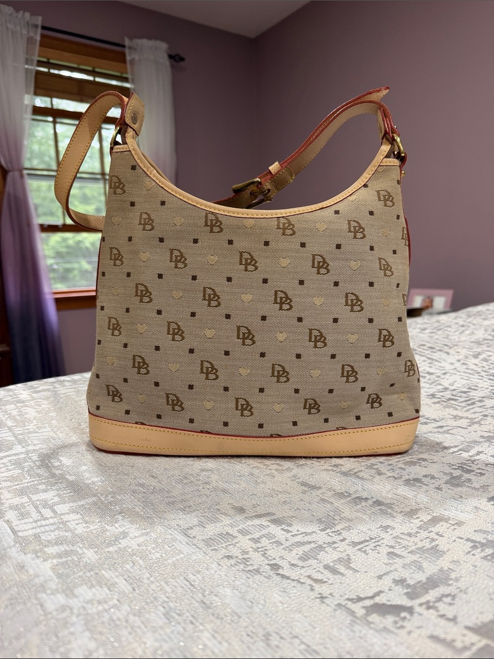 Dooney & Bourke Beige Canvas DB Logo Shoulder Bag with Tan Trim